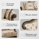 Lexicon Traditional Sofa Couch for Living Room, Rolled Arm Sofa with 5 Accent Pillows, Tufting, Queen Legs in Cherry Finish with Gold Tipping, Upholstered Living Room Furniture, 3 Seater Couch, Brown Lexicon