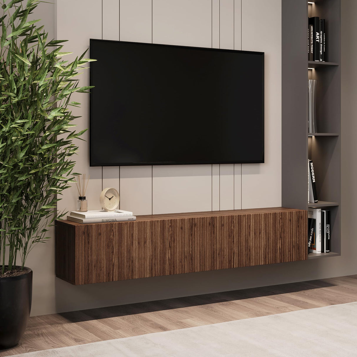 Living Skog Floating TV Stand Wall Mounted for Living Room and Bedroom, Media Console Table, Entertainment Center with Storage and Drawers Fits TV 50 55 60 65 inch Cabinet (Brown, 59 inch) Living Skog