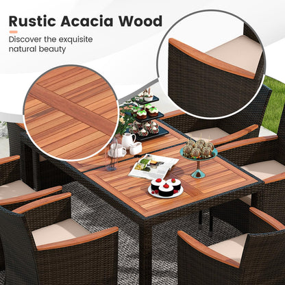 Tangkula 7 Pieces Outdoor Wicker Dining Set, Patio Dining Furniture Set with Acacia Wood Table and 6 Stackable Chairs, Outdoor Table and Chairs Set with 1.96” Umbrella Hole and Cushions