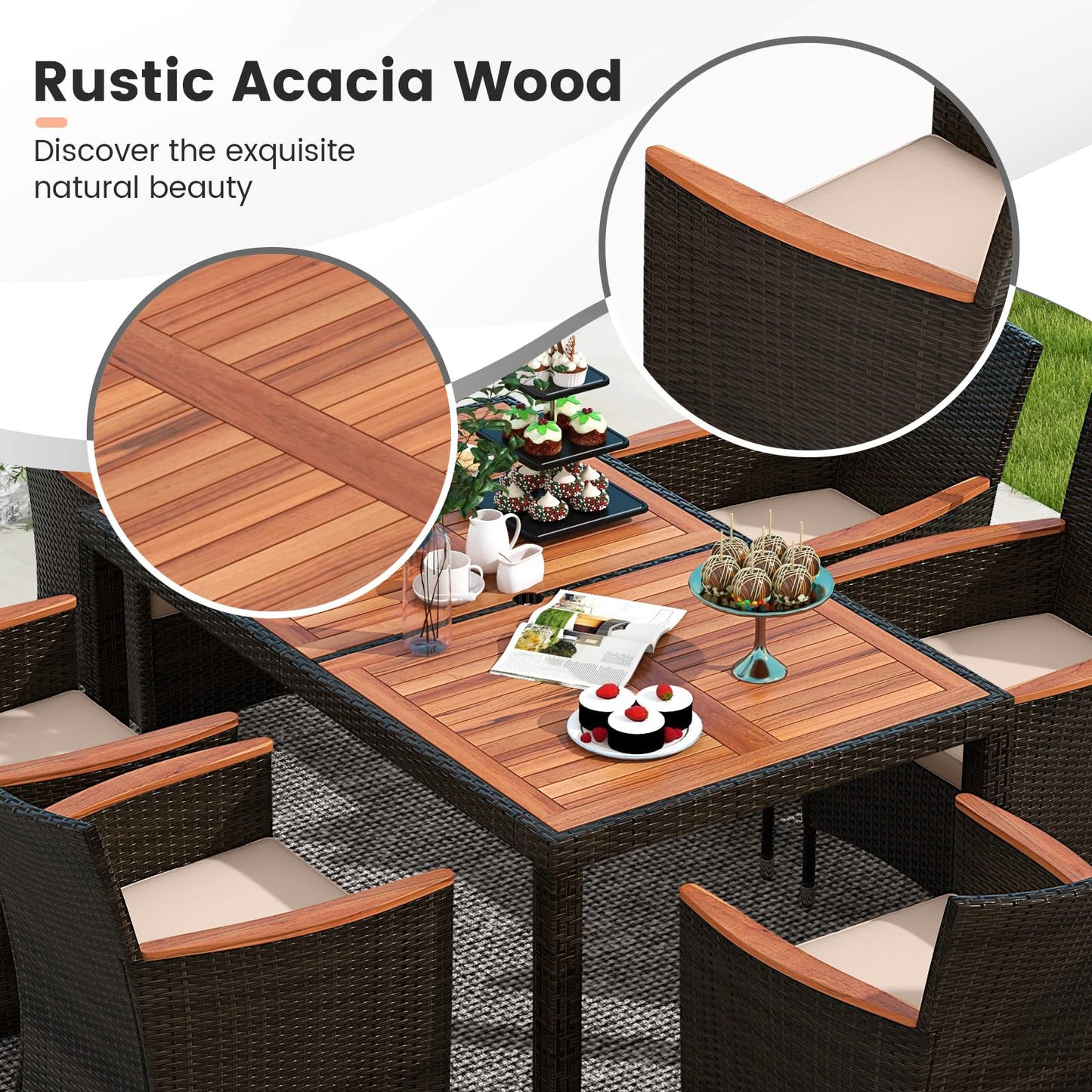 Toolsempire 7 Pieces Outdoor Wicker Dining Set with Umbrella Hole, Patio Dining Furniture Set with Acacia Wood Table and Chairs, Garden Dining Table Set for Backyard, Desk, Poolside (Brown)