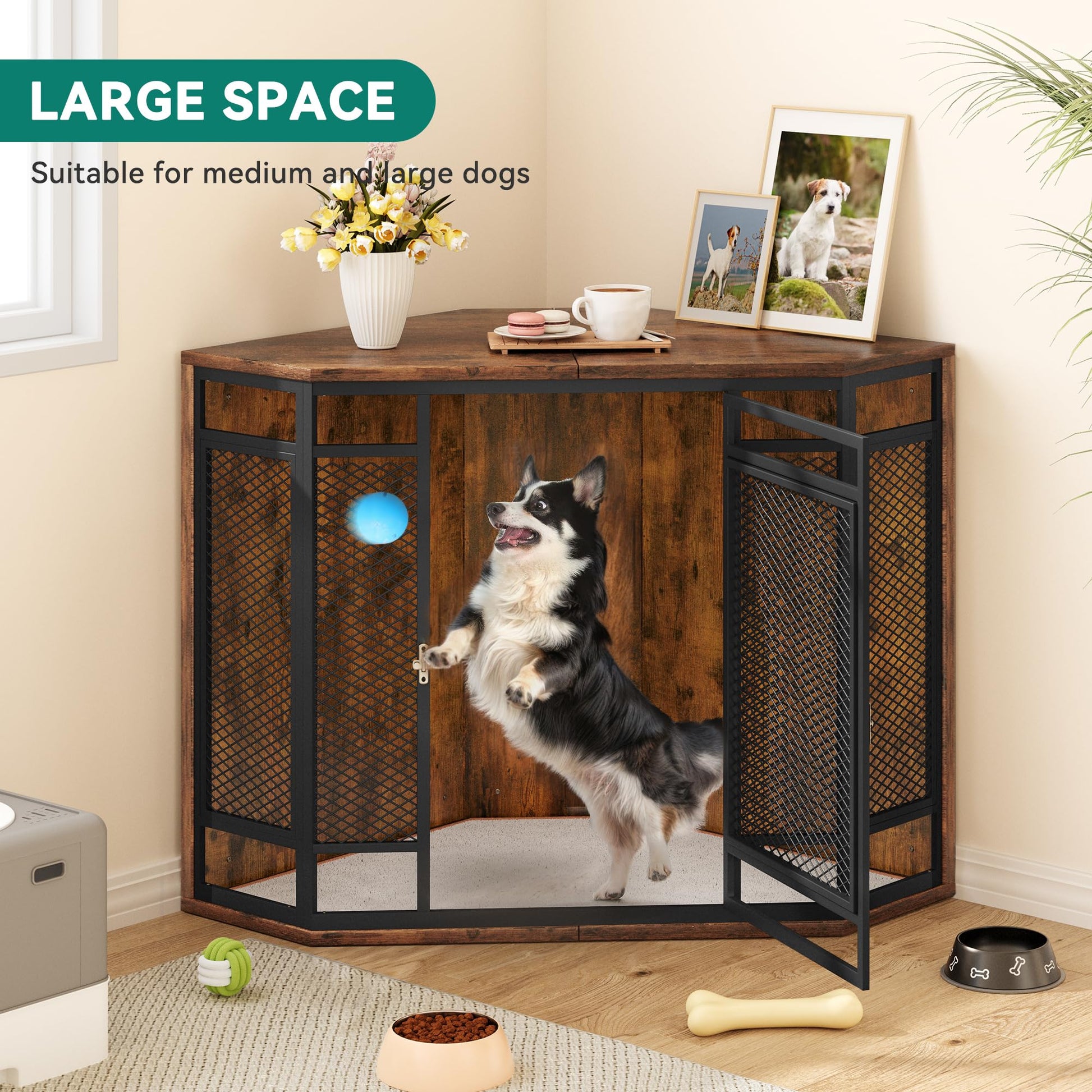 YITAHOME Corner Dog Crate Furniture, 52" Wooden Dog Crate with Dog Cushion, Dog Kennel Indoor for Small Medium Large Dogs, Brown - WoodArtSupply