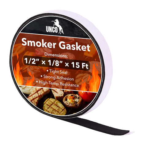 UNCO- Smoker Gasket, 15 Ft, 1/2"X1/8", Grill Gasket, Heat Gasket, Smoker Heat Tape, Smoker Gasket Sealer High Temp, Kettle Grill Gasket, BBQ Gasket, High Temperature Gasket Smoker, Smoker Door Gasket UNCO