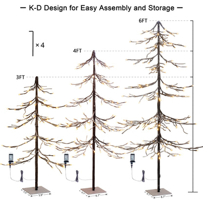 Lightshare Set of 3 Snowy Fir Tree, Including 3FT, 4FT, and 6FT, for Indoor and Outdoor Use, Warm White, for Home Festival Party Christmas