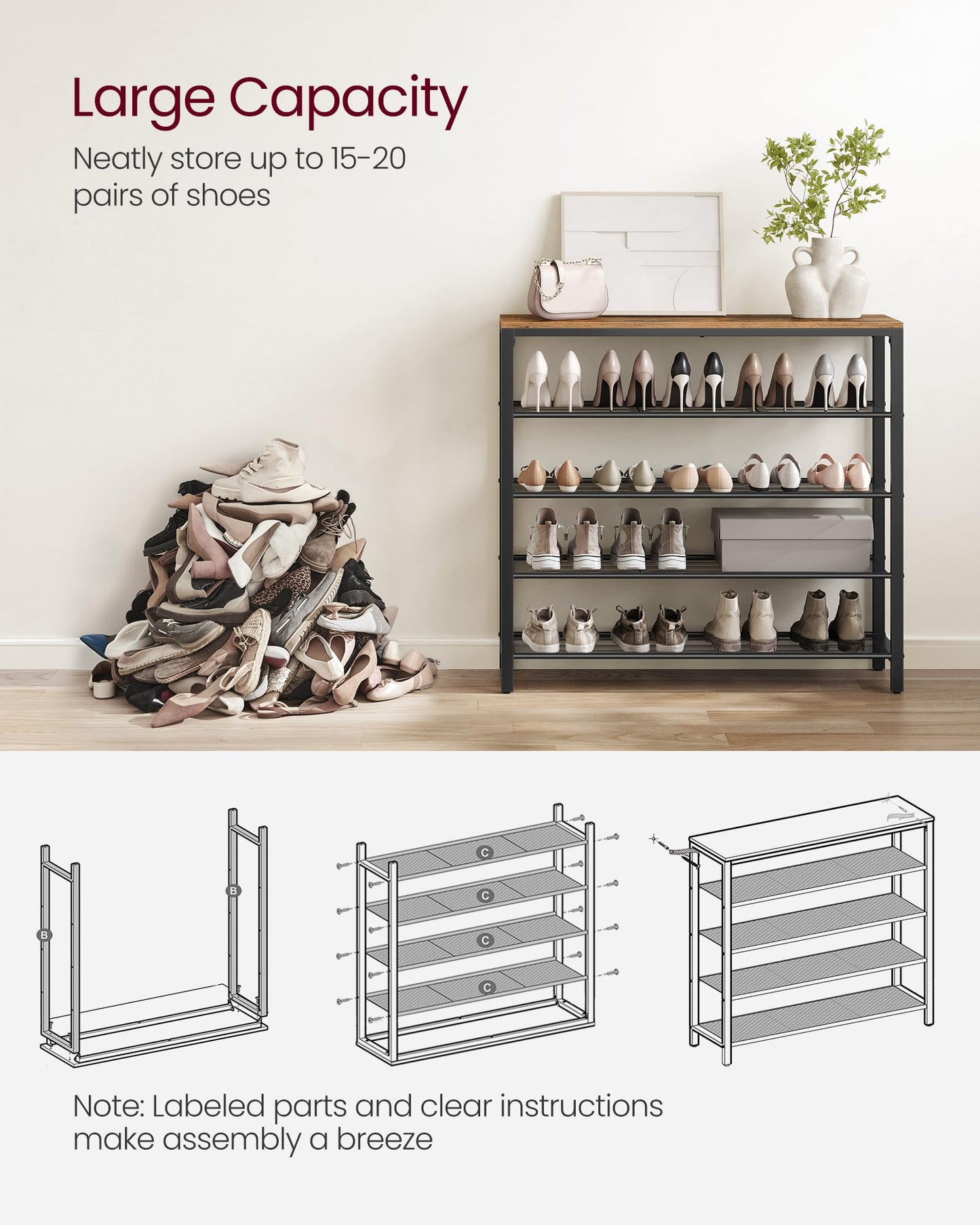 VASAGLE Shoe Rack, 5-Tier Shoe Storage Organizer with 4 Metal Mesh Shelves for 16-20 Pairs and Large Surface for Bags, for Entryway, Hallway, Closet, Industrial, Rustic Brown and Black ULBS15BX