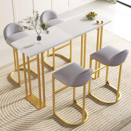 Industrial Gold Bar Table Set with 4 Velvet Stools for Small Spaces