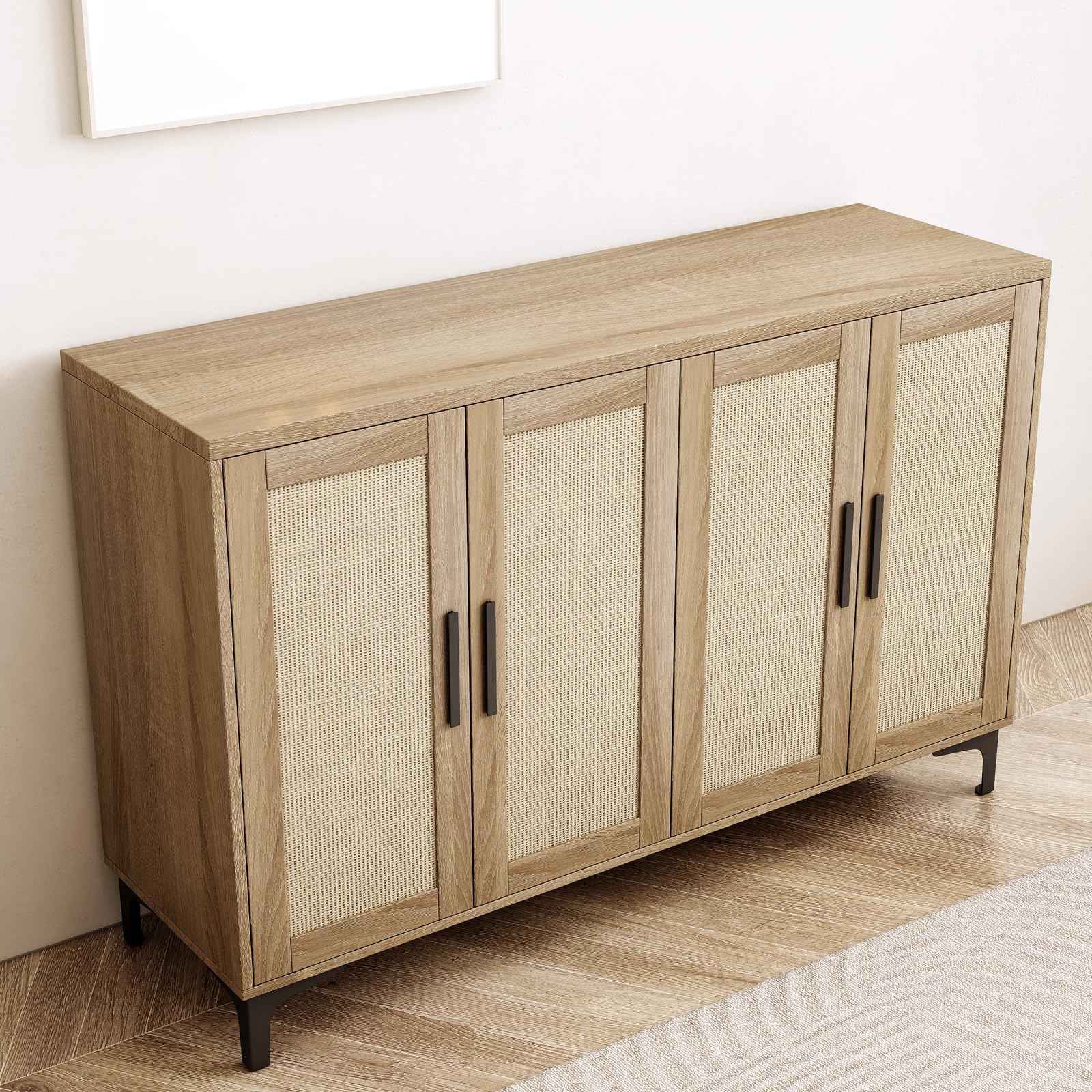 Sideboard Buffet Cabinet with Storage, Rattan Kitchen Storage Cabinet with Doors and Adjustable Shelves, Coffee Bar Cabinet, Entryway Cabinet, Rattan Sideboard Console Table for Dining Room,  - WoodArtSupply