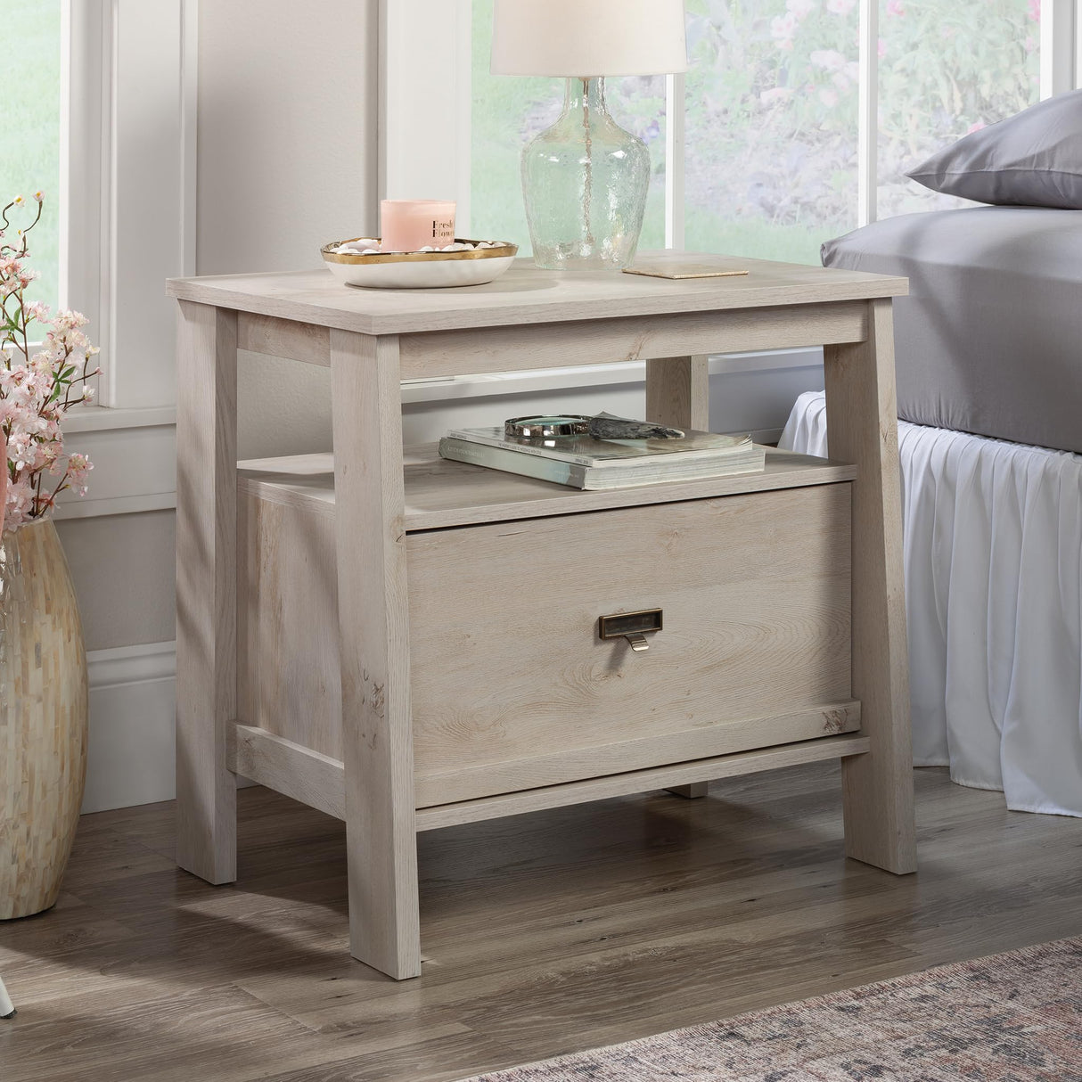 Sauder Trestle Night Stand, L: 26.38" x W: 19.06" x H: 25.12", Chalked Chestnut finish Sauder
