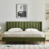 YUHUASHI upholstered Platform Bed Frame/King Bed Frame/Modern Geometric Double-Wing Design headboard/Velvet Fabric/Easy to Assemble no Noise (Grass Green, King (U.S. Standard)) YUHUASHI