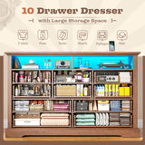 Romorgniz 10 Drawer Brown Dresser for Bedroom, Large Farmhouse Dresser with LED Lights & Charging Station for Bedroom Romorgniz