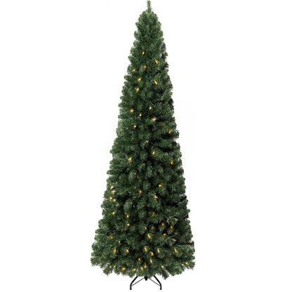 Vienna 9ft Prelit Slim Artificial Christmas Tree with 1455 Branch Tips, 500 Warm Lights and Metal Stand, 37" Wide Realistic Skinny Pencil Christmas Tree with Lights by Naomi Home