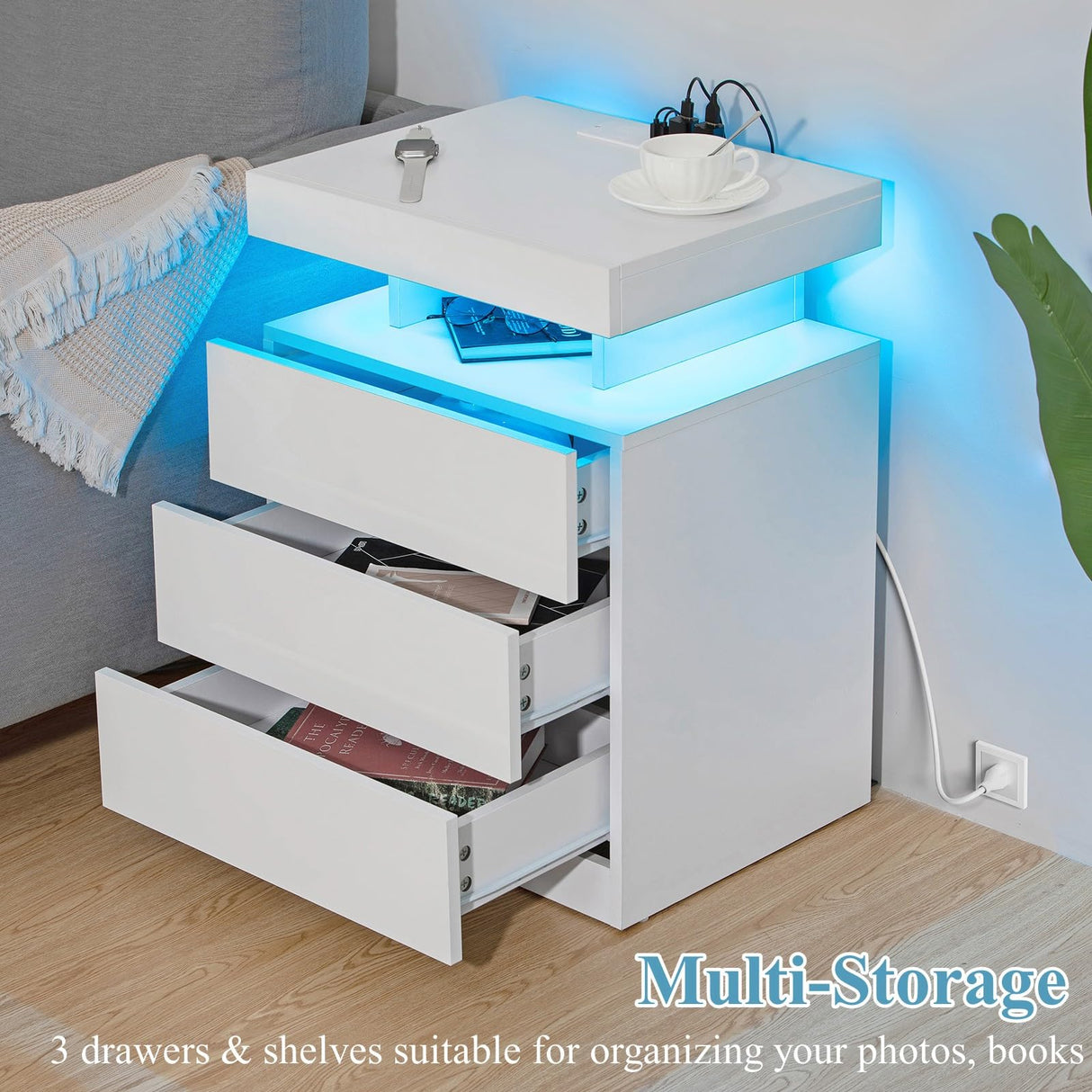HOMMPA LED Nightstand with Wireless Charging Station & USB Ports, 3 Drawer Night Stand with LED Light RGB Adjustable Brightness, Smart Nightstand High Gloss Bedside Table for Bedroom White HOMMPA