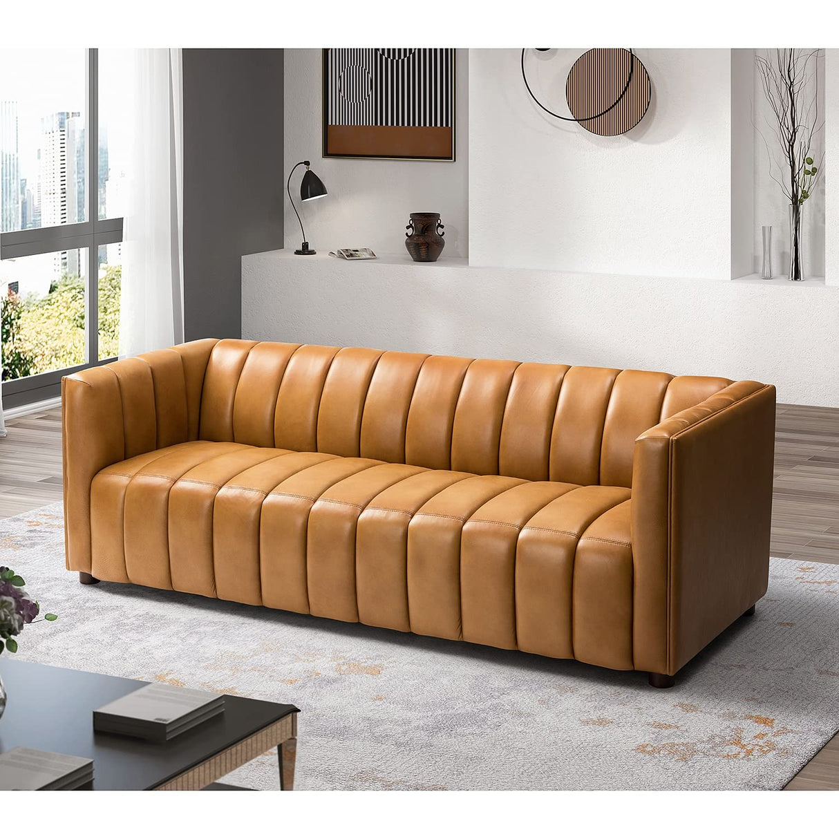 HULALA HOME 83" Genuine Leather Sofa, Sofa Leather for Living Room, 3 Seater Sofa Couch Top Layer Leather Large Sofa Furniture with Channel Tufted Seat Back & Square Arms (Camel) HULALA HOME