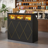 PAKASEPT Reception Desk with LED Lights, L-Shaped Modern Front Desk with Glass Display Shelf, Reception Counter Table for Lobbies, Salons, Retail, Home Offices (Black) PAKASEPT