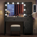 DWVO Farmhouse Vanity Desk with Light and Hollywood Makeup Mirror, Large Storage Space Vanity Set with 2 Drawers & 2 Cabinets, Dressing Table for Bedroom, Stool Included, Black DWVO