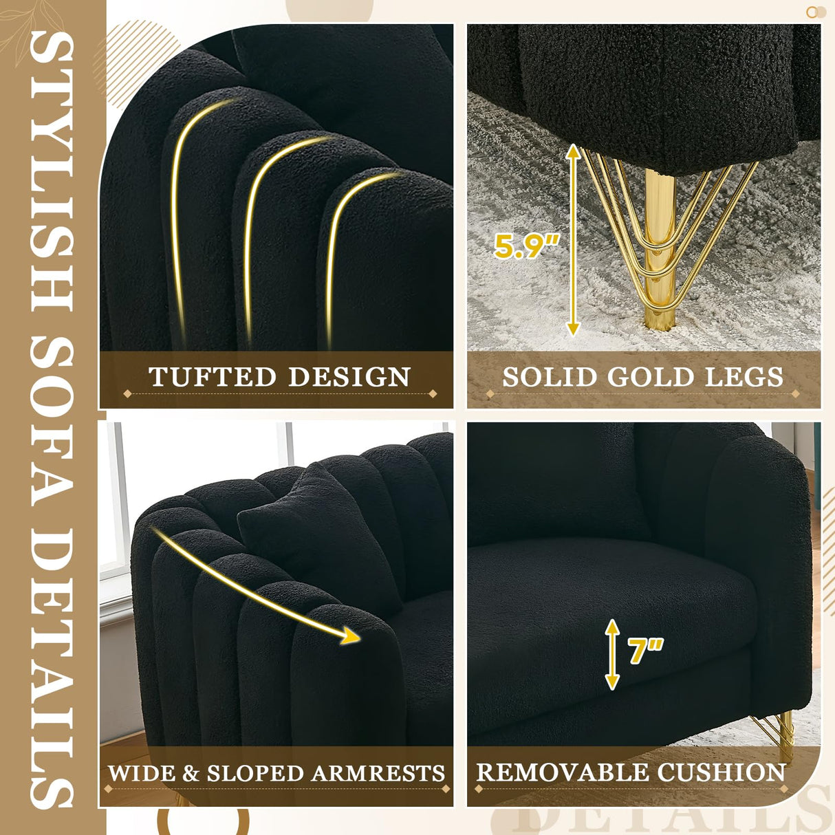 Black Cloud Couch for Living Room, 63.5" Modern Comfy Overstuffed Deep Seat Tufted Sofa with Gold Legs & Pillows, Plush Teddy Boucle Upholstered Curved Loveseat Settee with Round Arm (Black, 2 Seater) SLEERWAY