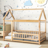 Montessori Twin House Bed Frame with Roof and Fence for Kids, Natural Pine LLS