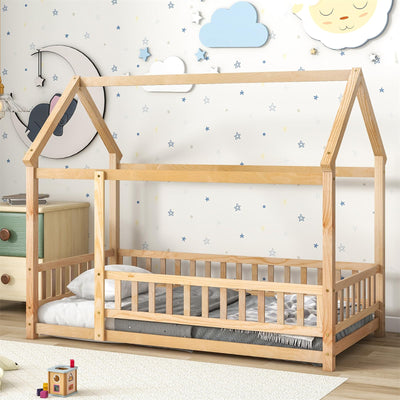 Montessori Twin House Bed Frame with Roof and Fence for Kids, Natural Pine