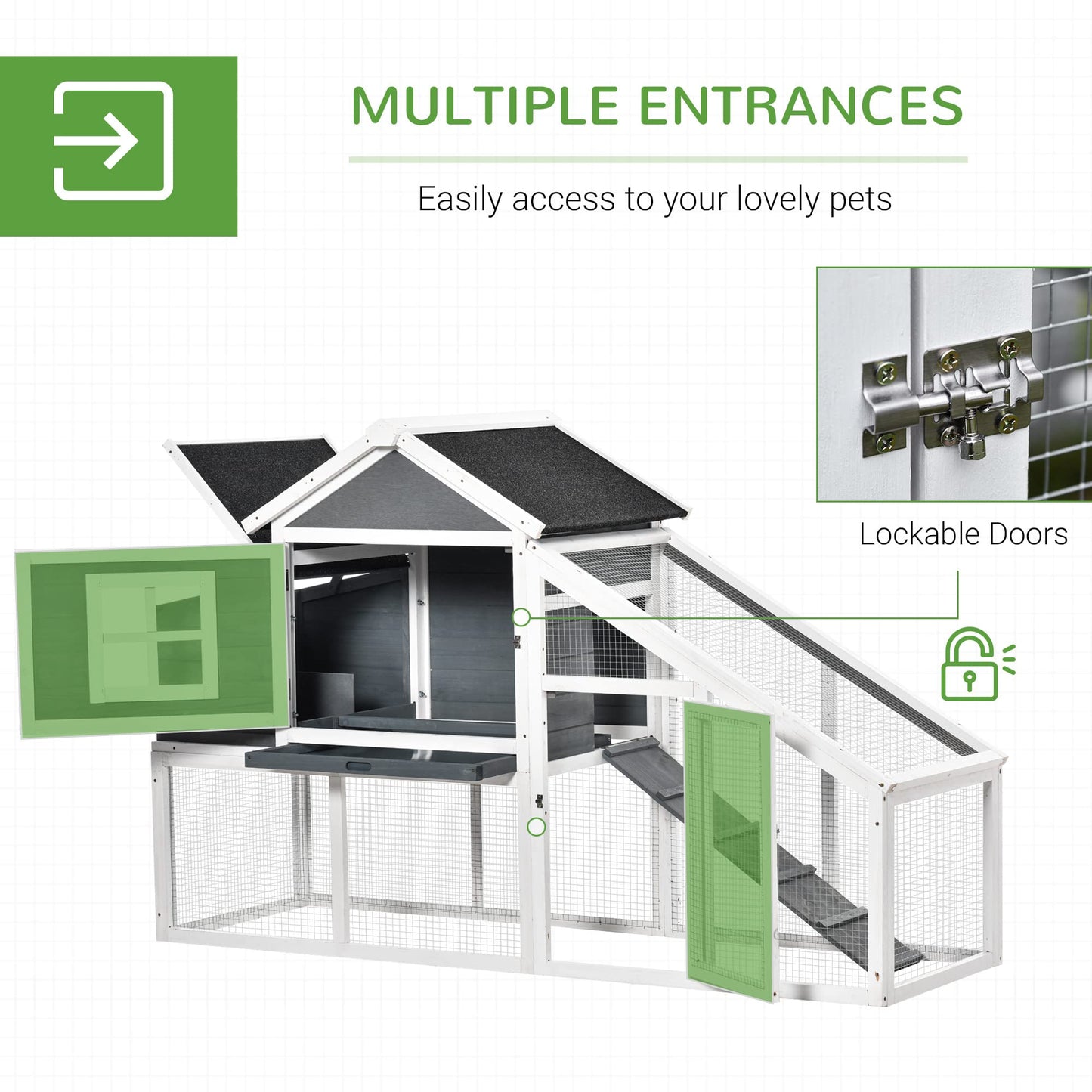 PawHut 69" Wooden Chicken Coop, Poultry Cage Hen House with Connecting Ramp, Removable Tray, Ventilated Window and Nesting Box, White - WoodArtSupply