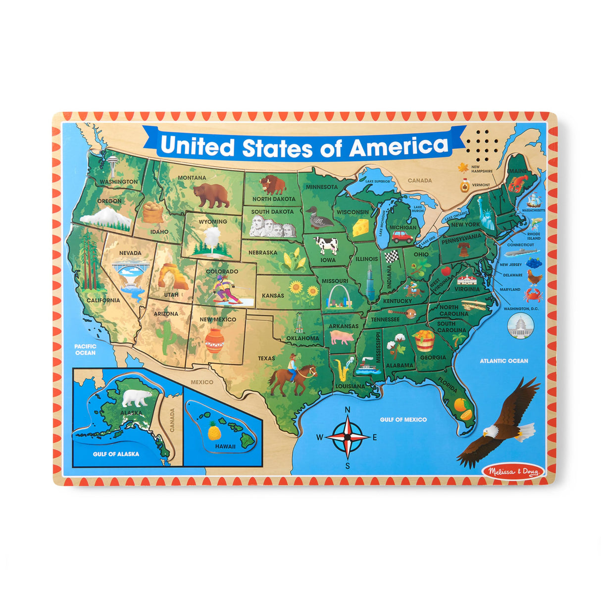 Melissa & Doug USA Map Sound Puzzle - Wooden Puzzle With Sound Effects (40 pcs), Multicolor - States And Capitals Map Puzzle, Educational Toy, Geography For Kids Ages 5+ Melissa & Doug