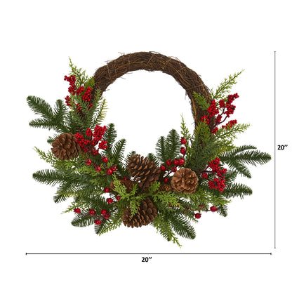 Nearly Natural 22in. Mixed Cedar with Berries and Pine Cones Artificial Wreaths, Green/Red , 3.5x22x22