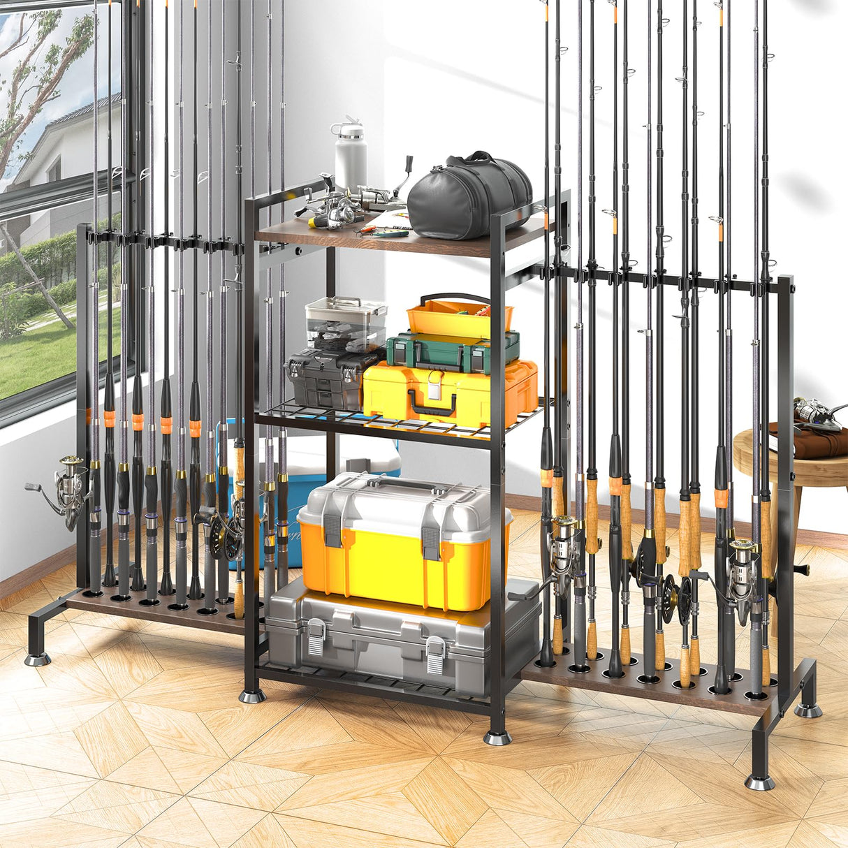 SOYEEZE Fishing Rod Holder for 28 Rods, Ground Stand Fishing Pole Holders for Garage, 3-Sided Vertical Fish Rod Rack for Tackle Box, Fishing Supplies,a Display Fish Gear Storage Gift for Man SOYEEZE