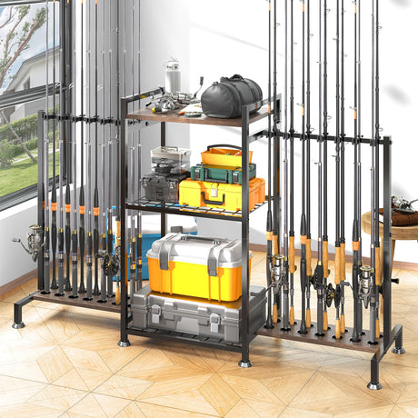 SOYEEZE Fishing Rod Holder for 28 Rods, Ground Stand Fishing Pole Holders for Garage, 3-Sided Vertical Fish Rod Rack for Tackle Box, Fishing Supplies,a Display Fish Gear Storage Gift for Man SOYEEZE