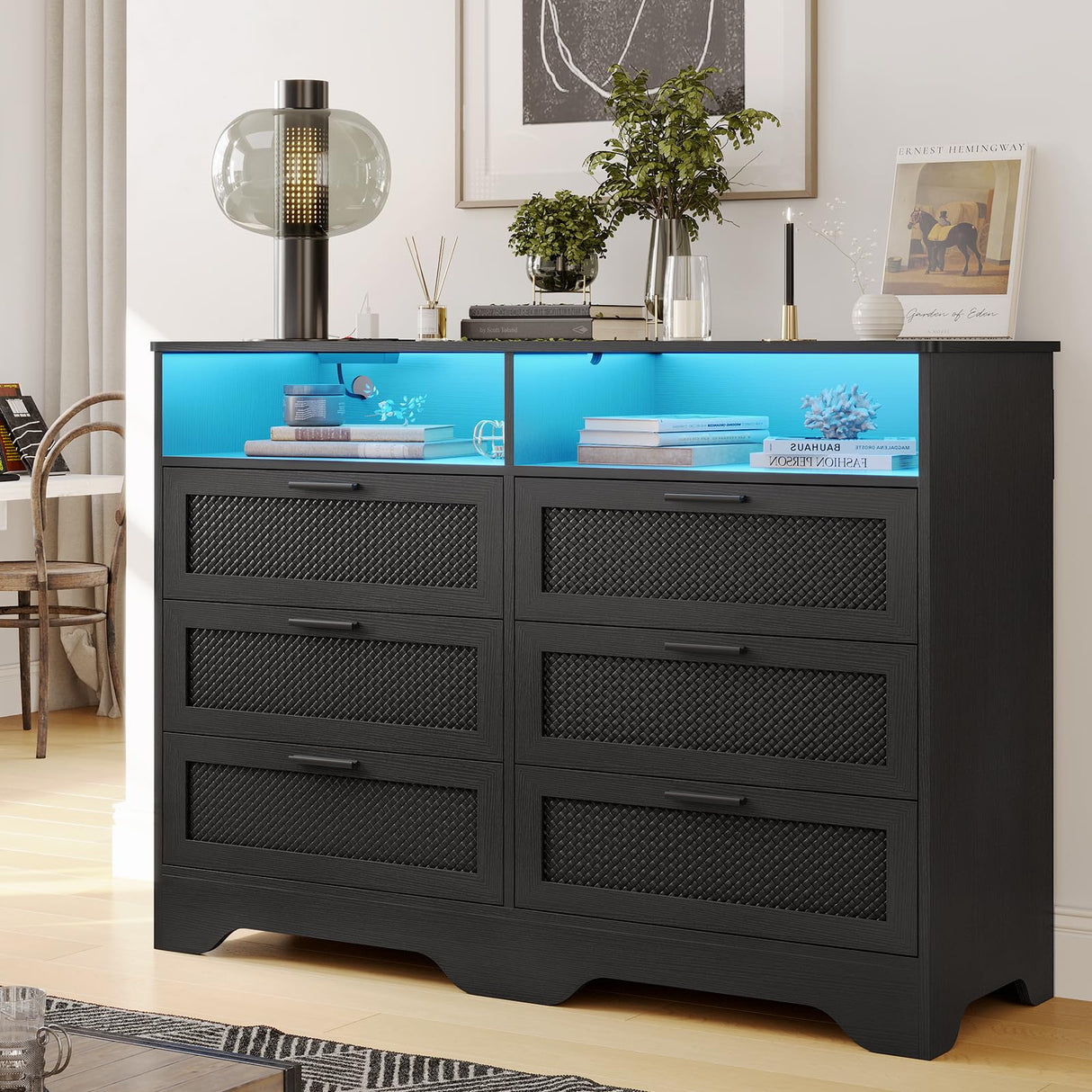 Hasuit Black Dresser for Bedroom with Charging Station, Wooden Large Capacity Storage Chest of Drawers with LED Lights, Modern Wide 6 Drawer Dresser with Woven Leather Design for Bedroom, Living Room Hasuit