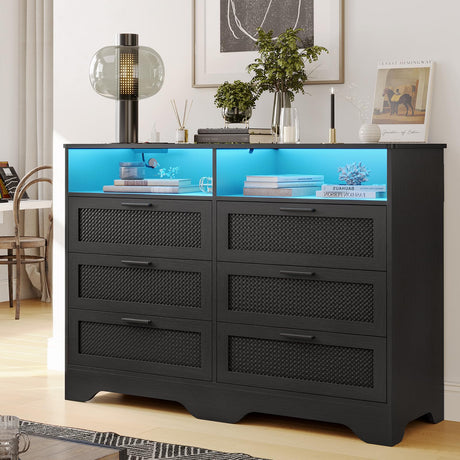 Hasuit Black Dresser for Bedroom with Charging Station, Wooden Large Capacity Storage Chest of Drawers with LED Lights, Modern Wide 6 Drawer Dresser with Woven Leather Design for Bedroom, Living Room Hasuit
