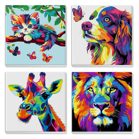 MXJSUA Framed 4 Pack Color Animals Paint by Numbers Kit, DIY Paint by Number Kit for Kids Ages 6-12, Paint by Numbers Kits for Children Beginner, Acrylic Oil Painting for Home Wall Decor (8x8inch) MXJSUA