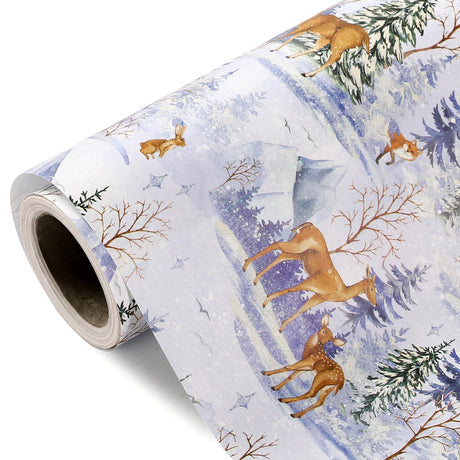WRAPAHOLIC Kraft Christmas Wrapping Paper - Mini Roll - 17 Inch x 33 Feet - Watercolor Animal and Winter Forest Landscape Design for Christmas, Holiday, Party Celebration WRAPAHOLIC