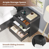 Fluted Nightstands Set of 2 with Charging Station, Black Night Stand with 3 Drawers Dresser, Bedside Table Curved Anti-Collision Design, Modern End Table for Bedroom AOGLLATI