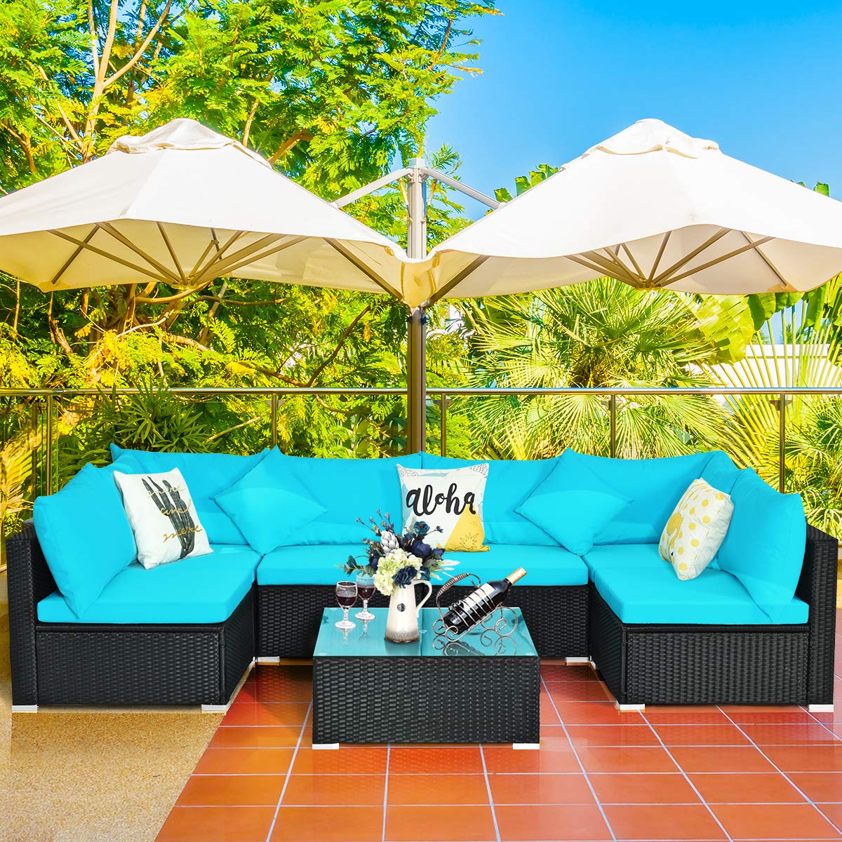 COSTWAY 7 Pieces Patio Furniture Set, Outdoor Rattan Conversation Set with 6 Seats, Coffee Tea Table, Soft Cushions, Wicker Patio Sectional Sofa for Garden Balcony Porch Poolside, Turquoise - WoodArtSupply