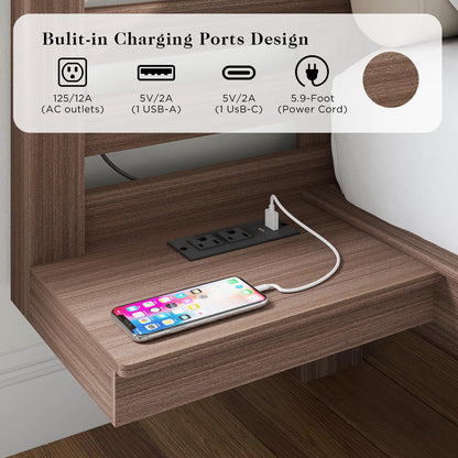 YUMPIE Mid-Century Modern Queen Floating Bed Frame with Nightstands, LED Lighting & USB Charging Station in Taupe - WoodArtSupply