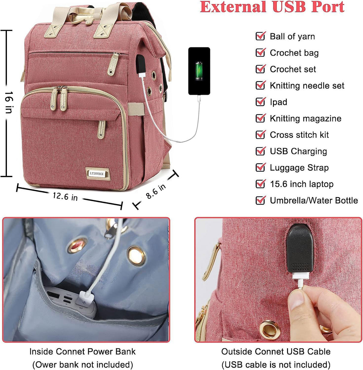 Knitting Bag Backpack,Yarn Storage Organizer Travel Crochet Bag with USB Charging Port,Large Capacity Yarn Storage Tote Bag Yarn Holder Case for Carrying Projects, Knitting Needles, Crochet Hooks Pink LTINVECK