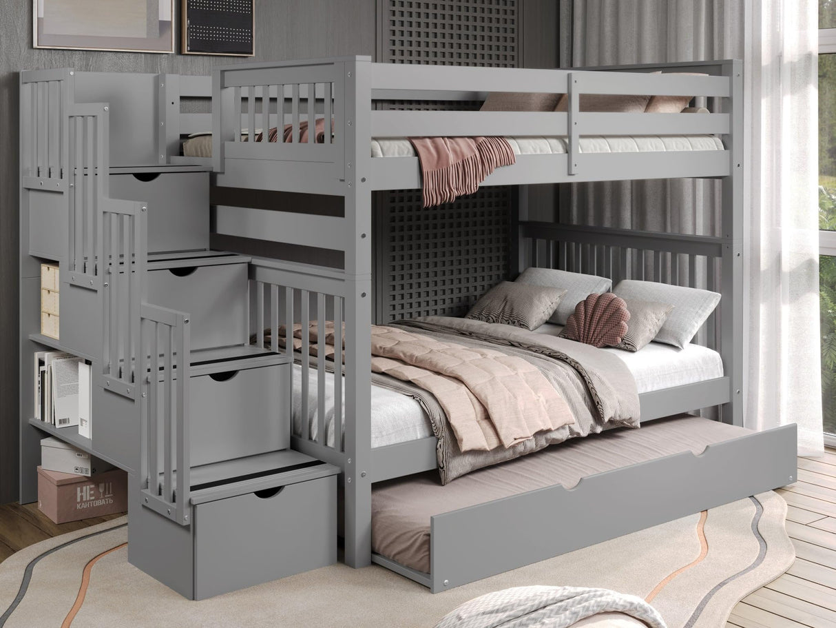 Bedz King Stairway Bunk Beds Full over Full with 4 Drawers in the Steps and a Full Trundle, Gray Bedz King