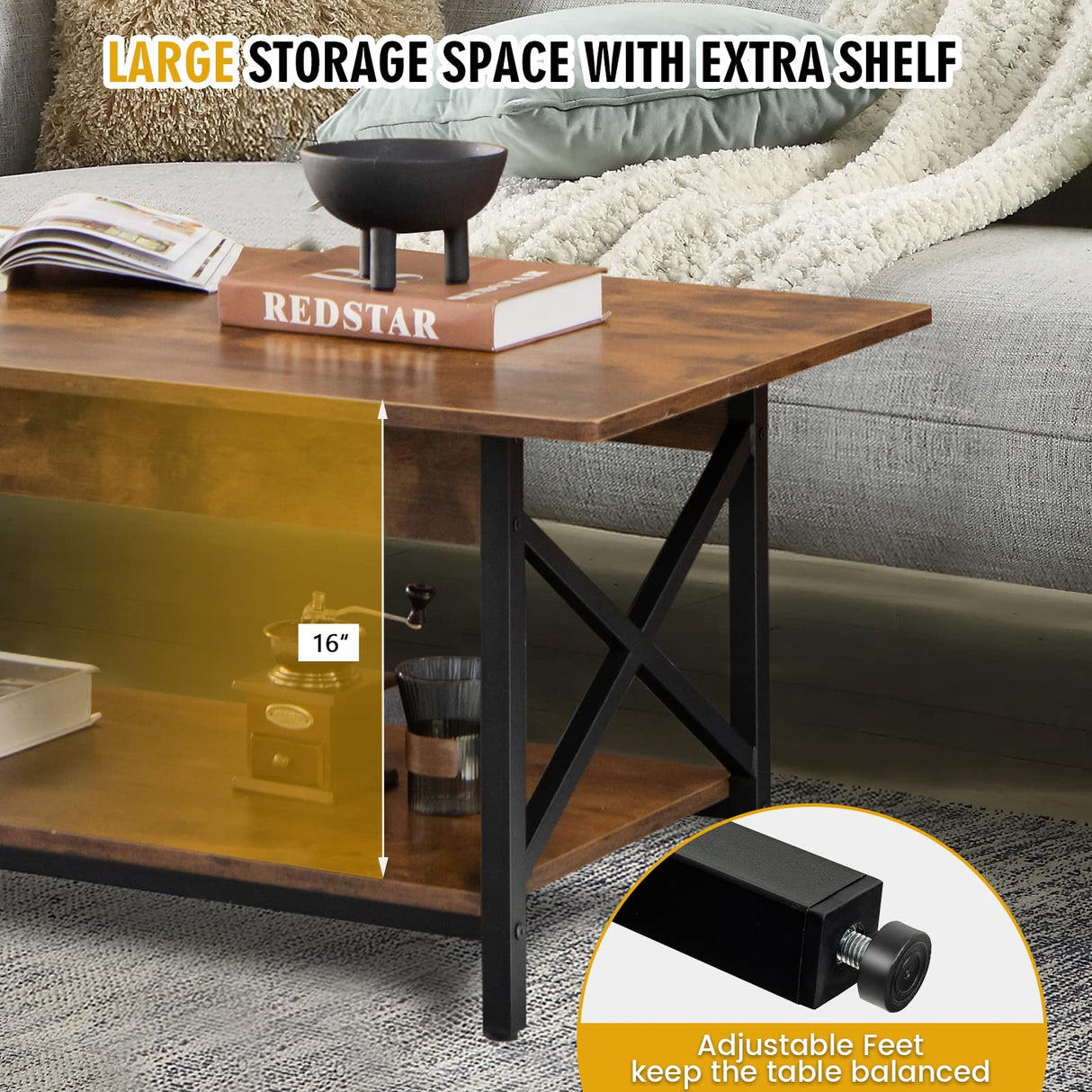 COSTWAY Industrial Coffee Table, 2-Tier Wood Cocktail Tea Table with Storage Shelf and X-Shape Steel Frame, Rectangle Sofa Side Accent Table for Living Room Home Office, Rustic Brown COSTWAY