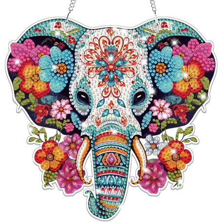 Bowetile Elephant Diamond Art Hanging Kits for Adults Kids, 5D Special Shape Diamond Painting Flowers Pendant Kits, Animal Gem Art Suncatchers Painting Ornament for Home Garden Wall Decor Bowetile