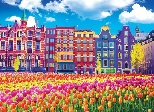 RoseArt - Kodak Premium - Traditional Old Buildings and Tulips in Amsterdam Netherlands Holland - 1000 Piece Jigsaw Puzzle for Adults