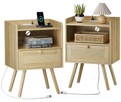 SUPERJARE Nightstands Set of 2, Night stands with Charging Station & PE Rattan Decor Drawer, Bed Side Tables with Solid Wood Feet, End Table, for Bedroom, Living Room - Natural - WoodArtSupply