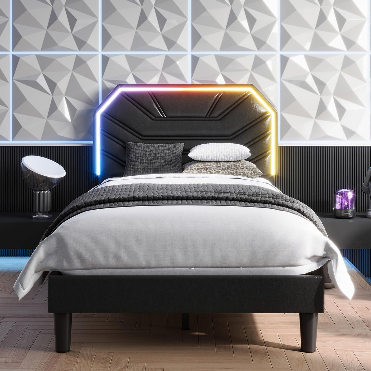 LIKIMIO Twin Bed Frames with Lighted Headboard, Upholstered Modern Cama Twin Platform Bed with Heavy Duty Supports, No Box Spring Need, Noise Free, Easy Assembly, Black LIKIMIO