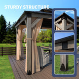 SUNBURY 10'x12' Outdoor Cedar Wood Gazebo, 2-Tier Metal Hardtop Wooden Frame Gazebo for Patio with Privacy Curtains and Mosquito Nettings for Gardens, Lawns, Backyard, Poolside (Grey Frame) SUNBURY