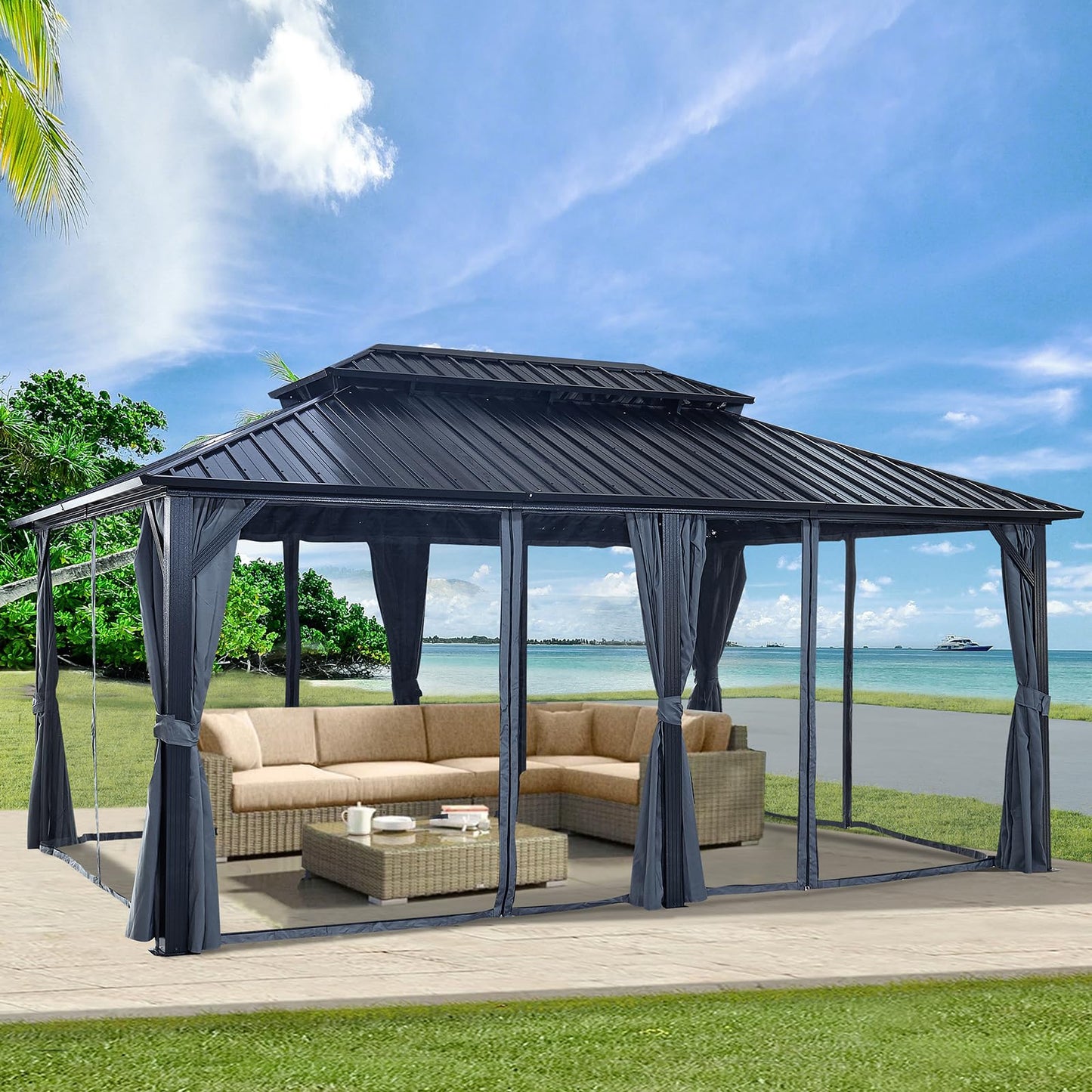 12x18ft Hardtop Gazebo with Nettings and Curtains,Heavy Duty Double Roof Galvanized Steel Outdoor Combined of Vertical Stripes Roof Garden Tent for Patio,Backyard,Deck,Lawns (Black) - WoodArtSupply