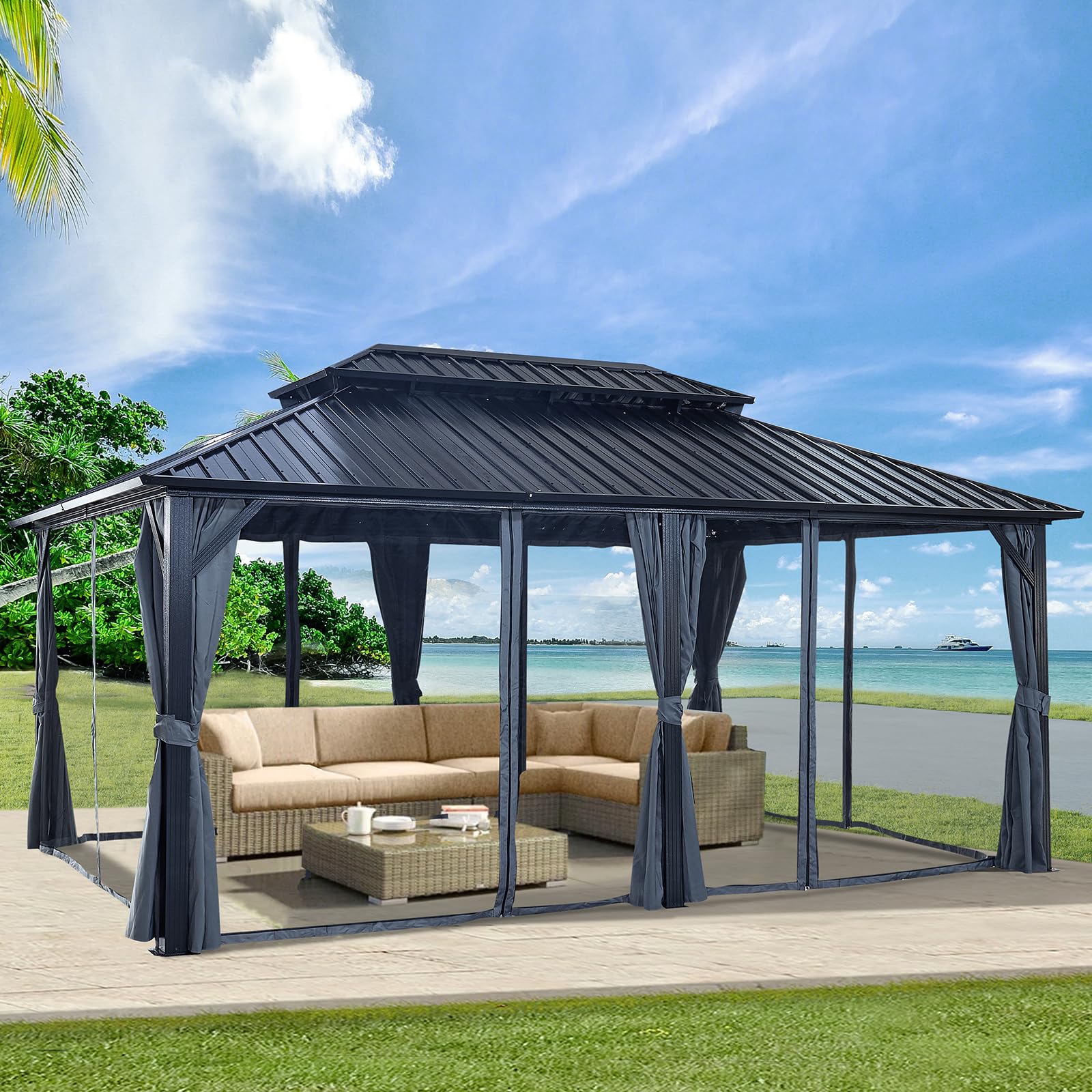 12x18ft Hardtop Gazebo with Nettings and Curtains,Heavy Duty Double Roof Galvanized Steel Outdoor Combined of Vertical Stripes Roof Garden Tent for Patio,Backyard,Deck,Lawns (Black) - WoodArtSupply