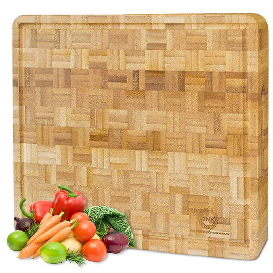 Small End Grain Bamboo Cutting Board | Professional, Butcher Block | Non-Slip Rubber Feet - WoodArtSupply