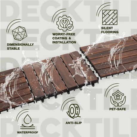 VICTORY RELAX Acacia Wood Decking Tiles 9PCS - Easy Snap Interlocking Deck Tiles for Patio Poolside Balcony Decor - All Weather Waterproof Flooring for Indoor & Outdoor (Round Joints) VICTORY RELAX