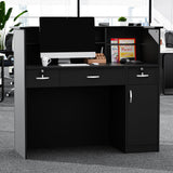 OUTGUAVA Modern Front Desk & Reception Desk with LED Lighting, 50-inch Retail Counter with Power Socket, DIY Stripe for Checkout, Lobby, Salon, Offices - Black OUTGUAVA