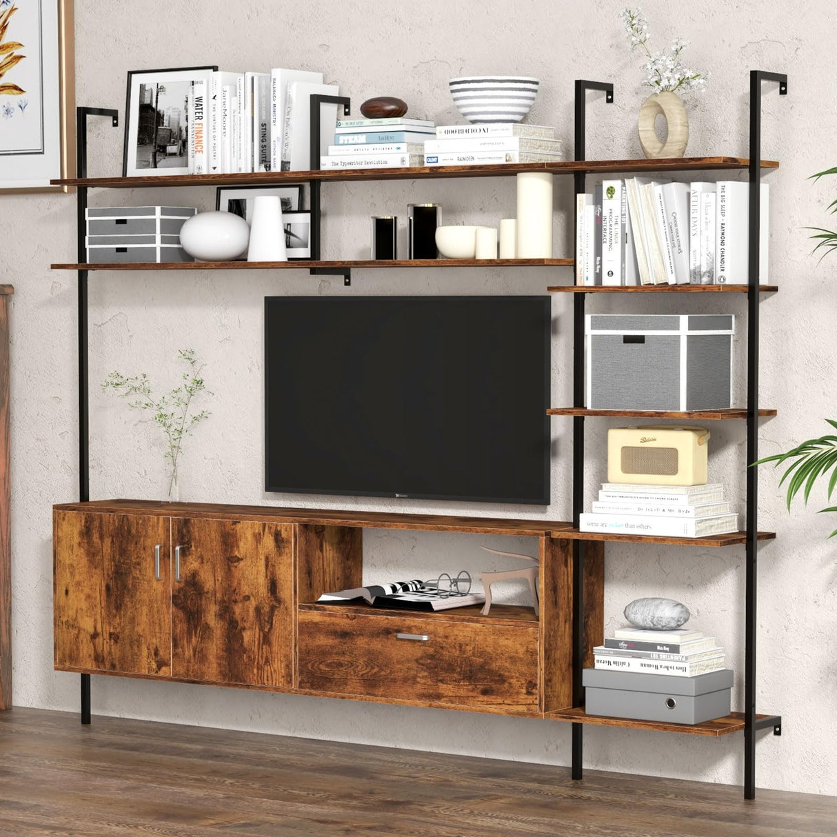 Bonzy Home Wall Mounted TV Stand for TVs up to 60", Industrial Entertainment Center with Bookshelves and Adjustable Shelves, 65" Wall Entertainment Center for Living Room, Rustic Brown Bonzy Home