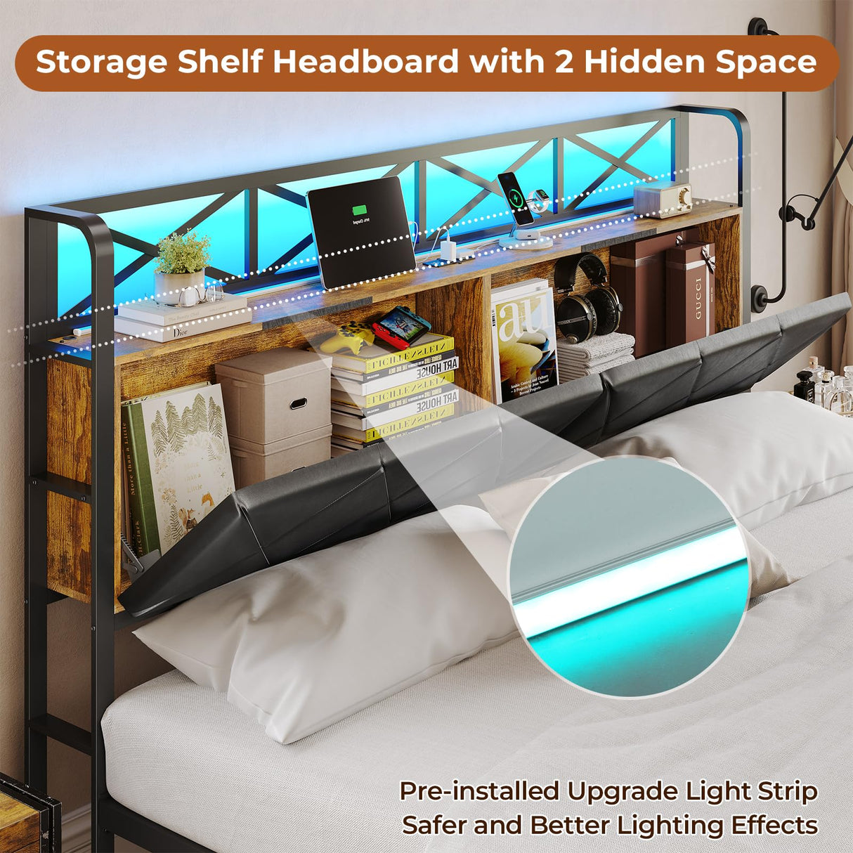 DICTAC King Size Bed Frame with Storage Headboard, LED Lights, and 2 Drawers – No Box Spring Needed, Black DICTAC