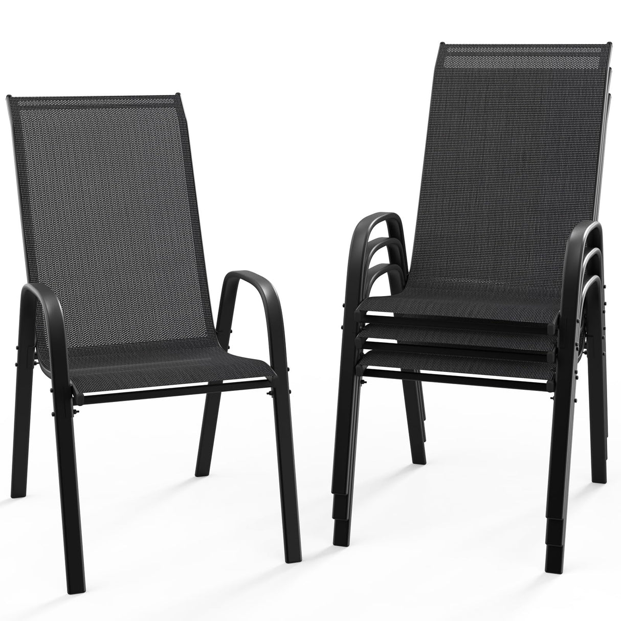 VINGLI Patio Chairs Set of 4 – Stackable Outdoor Dining Chairs with Comfortable Sling High Back Chairs and Armrests for Lawn, Poolside, Courtyard, Balcony, Garden, Black VINGLI
