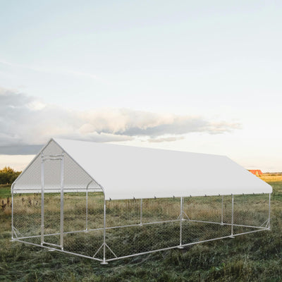 Outdoor Metal Chicken Coop,Metal Chicken Coop with Run,Walk-in Poultry Cage Spire-Shaped Chicken Run with Waterproof and Anti-Ultraviolet Cover for Outside,Backyard and Farm,19.6'x9.8'x6.4'